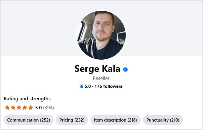 Our Facebook Marketplace seller profile: 5.0 stars from 394 ratings, top strengths communication, pricing, item description and punctuality